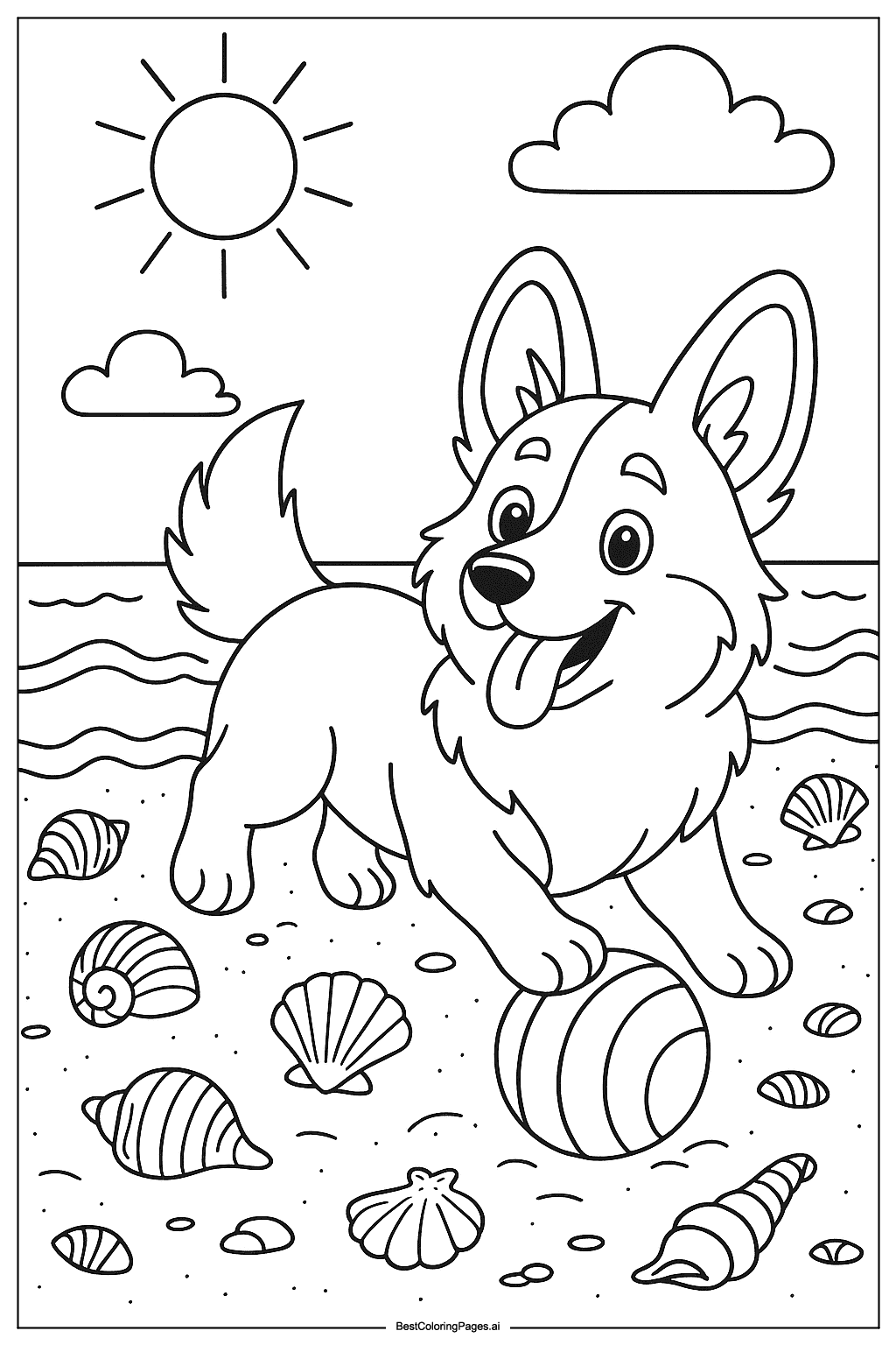 Corgi at the beach Coloring Page