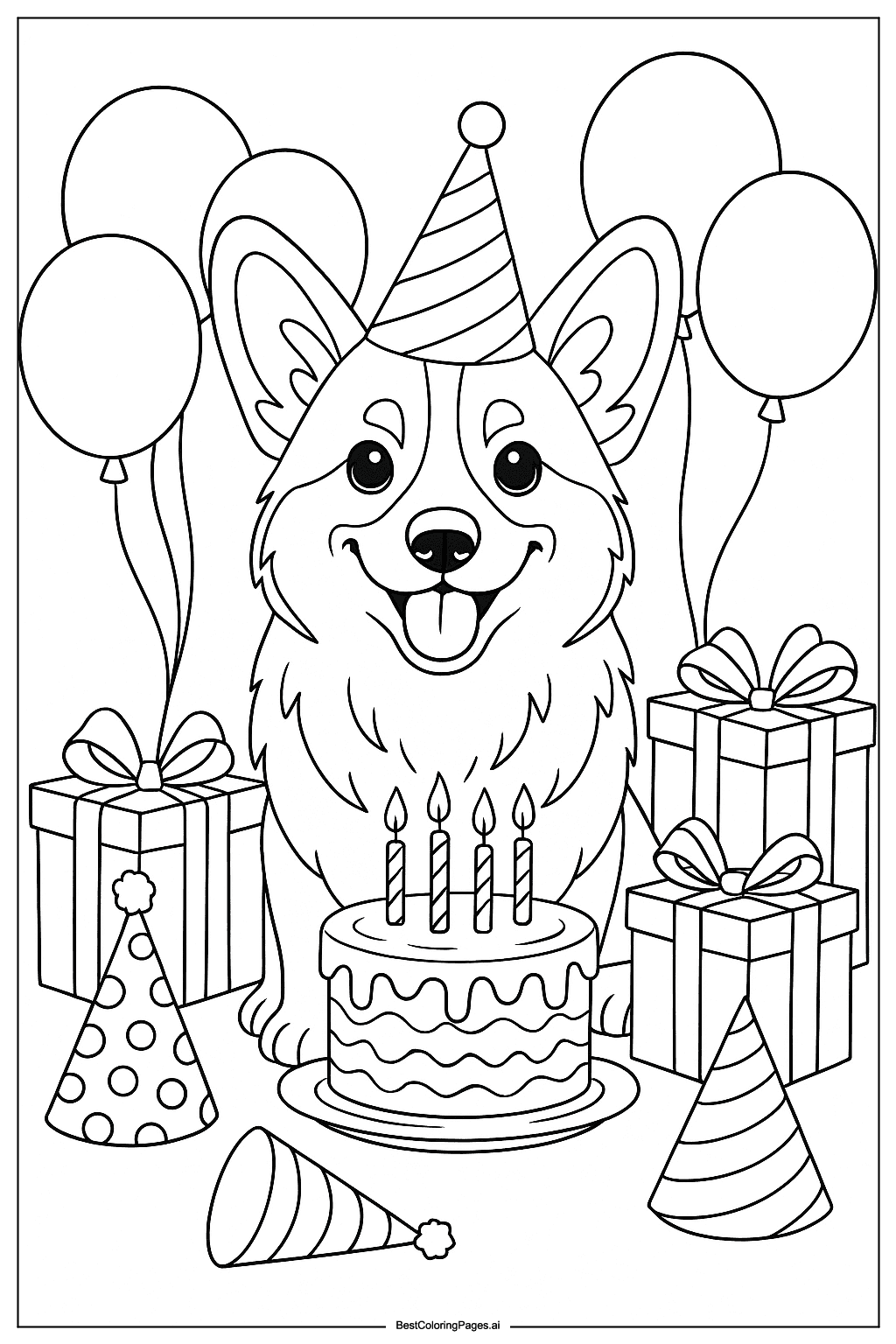 Corgi at the birthday party Coloring Page