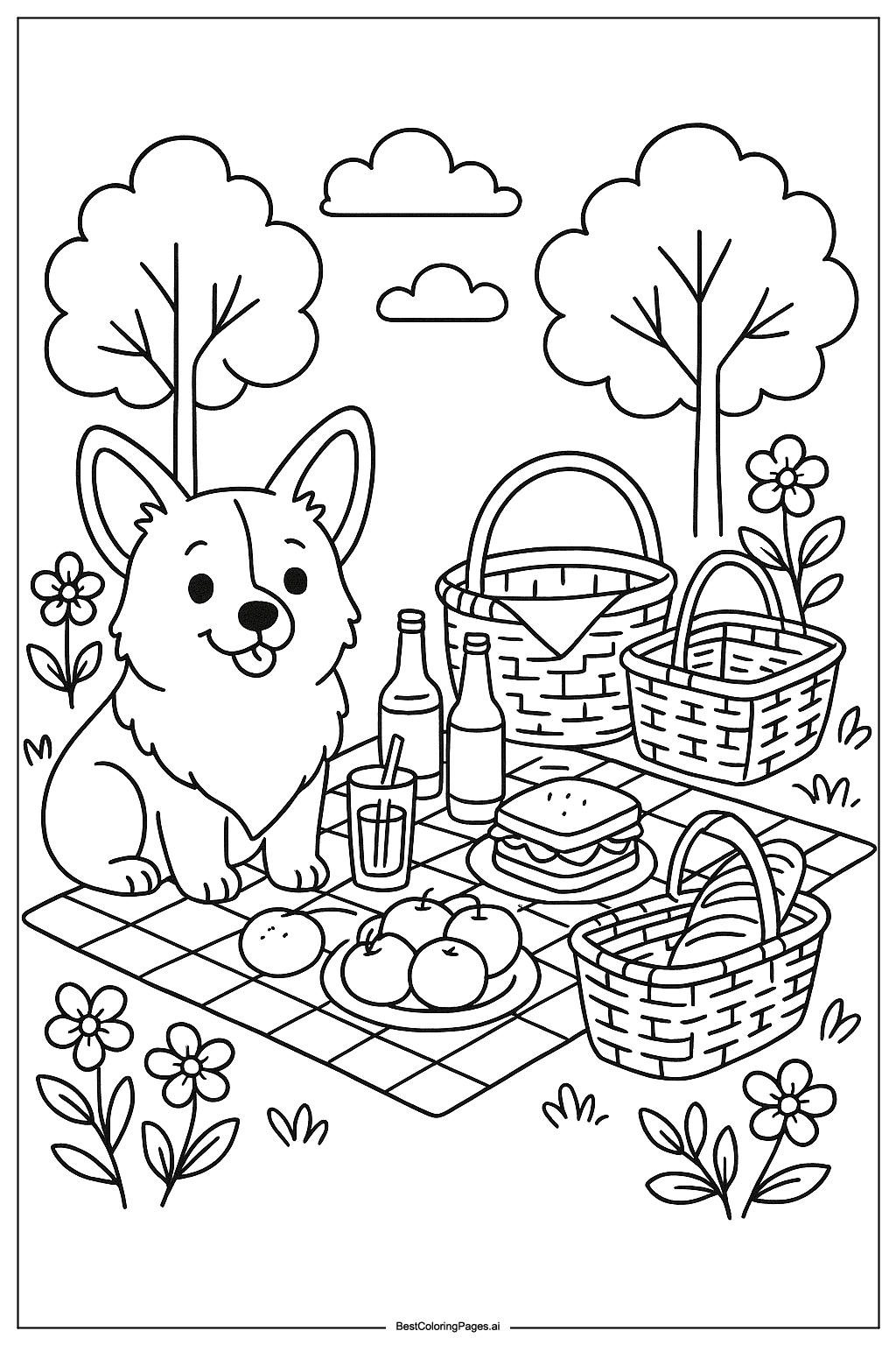Corgi at the picnic Coloring Page