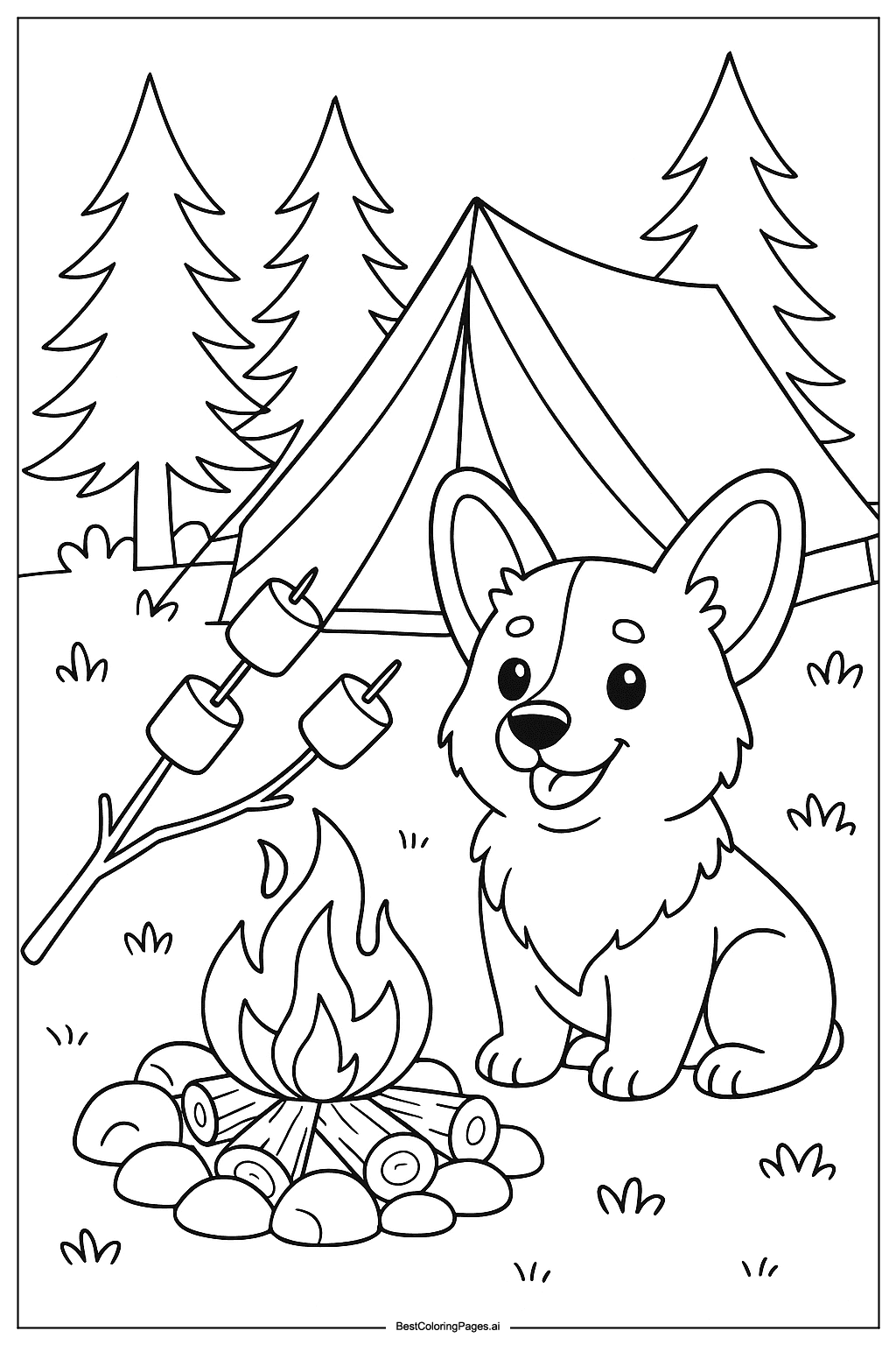 Corgi camping in forest