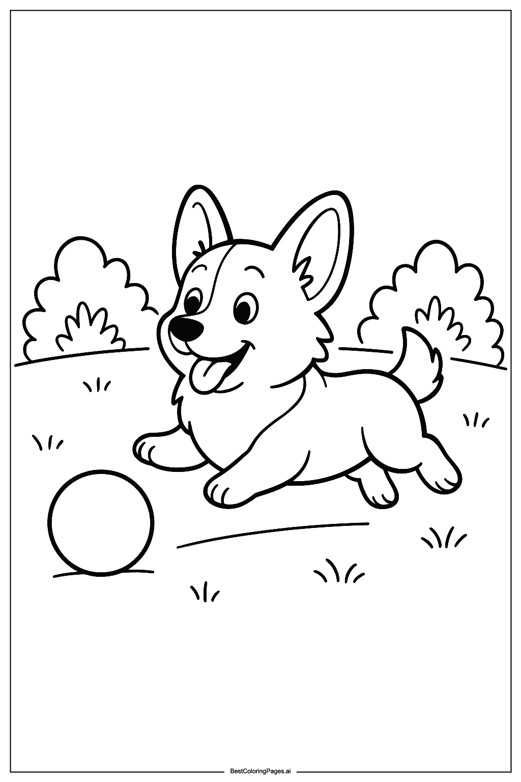 Corgi chasing a ball Coloring Page