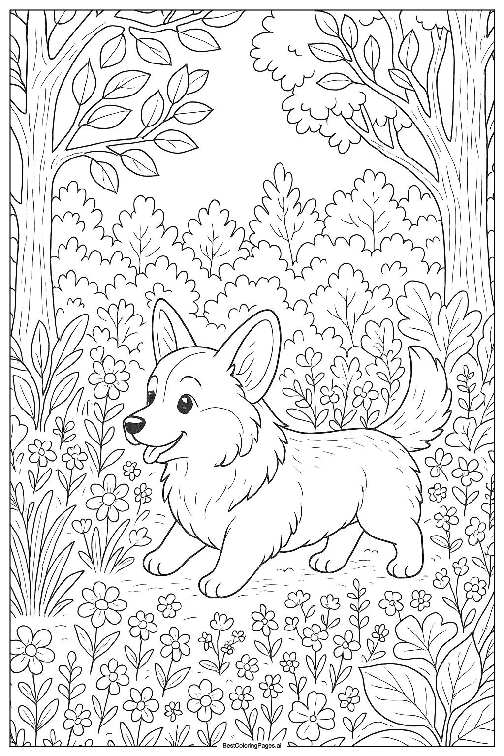 Corgi exploring forest Coloring Page