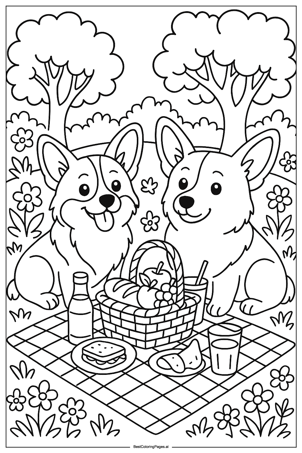 Corgi family picnic Coloring Page
