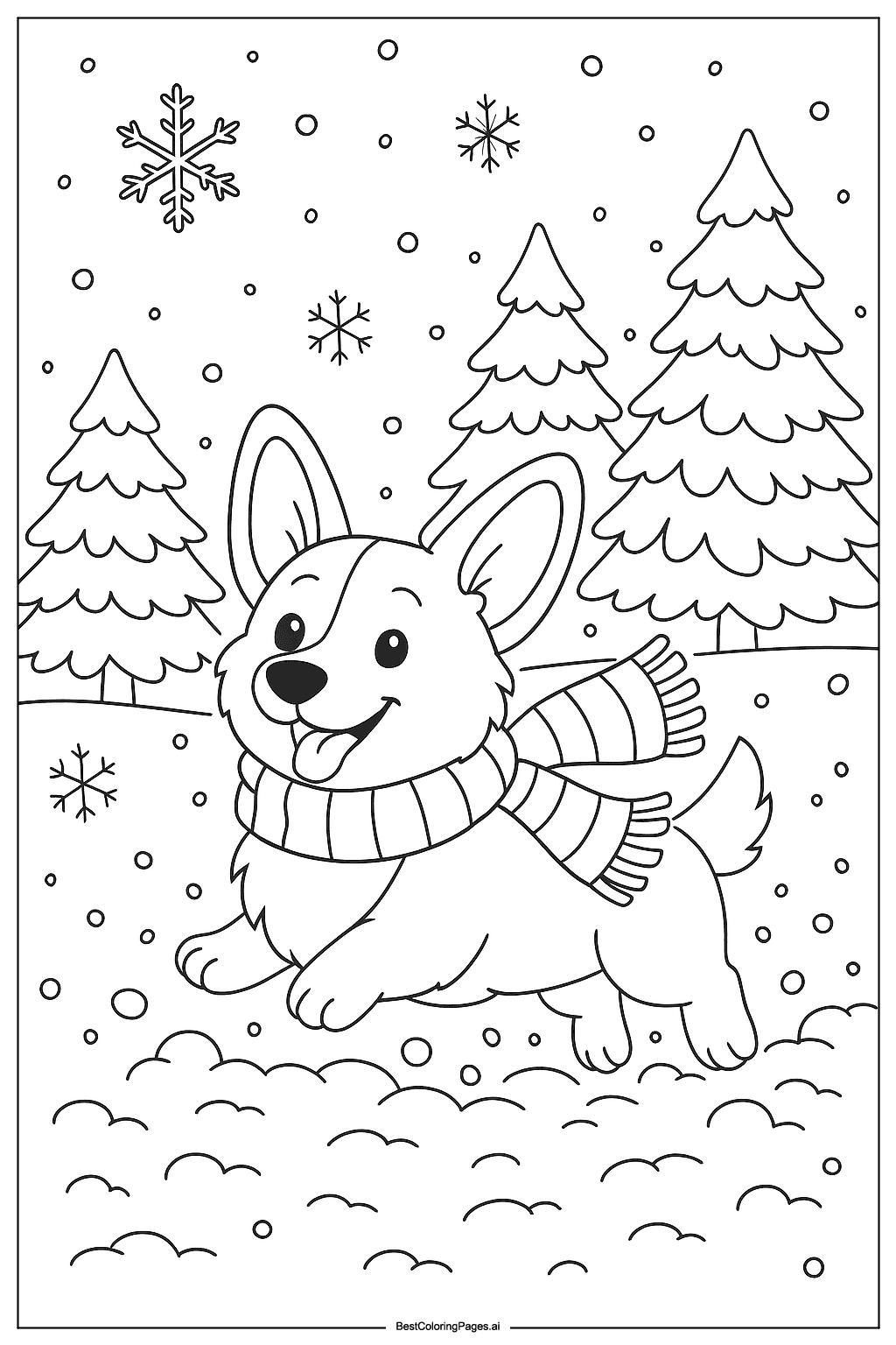 Corgi in a winter wonderland Coloring Page