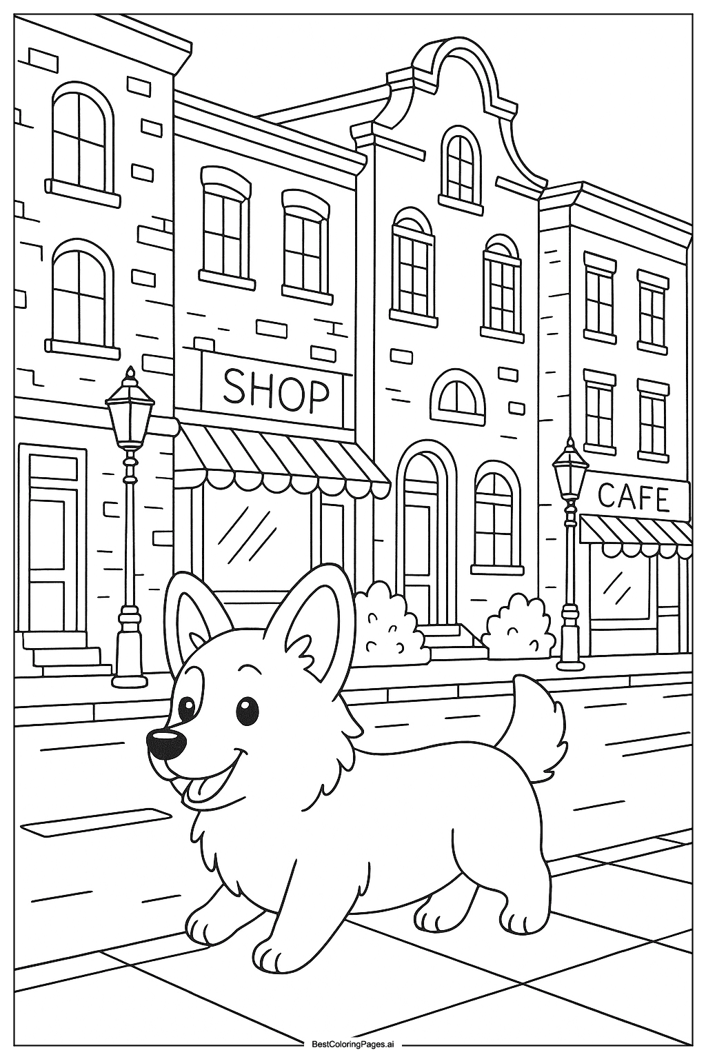Corgi in city street