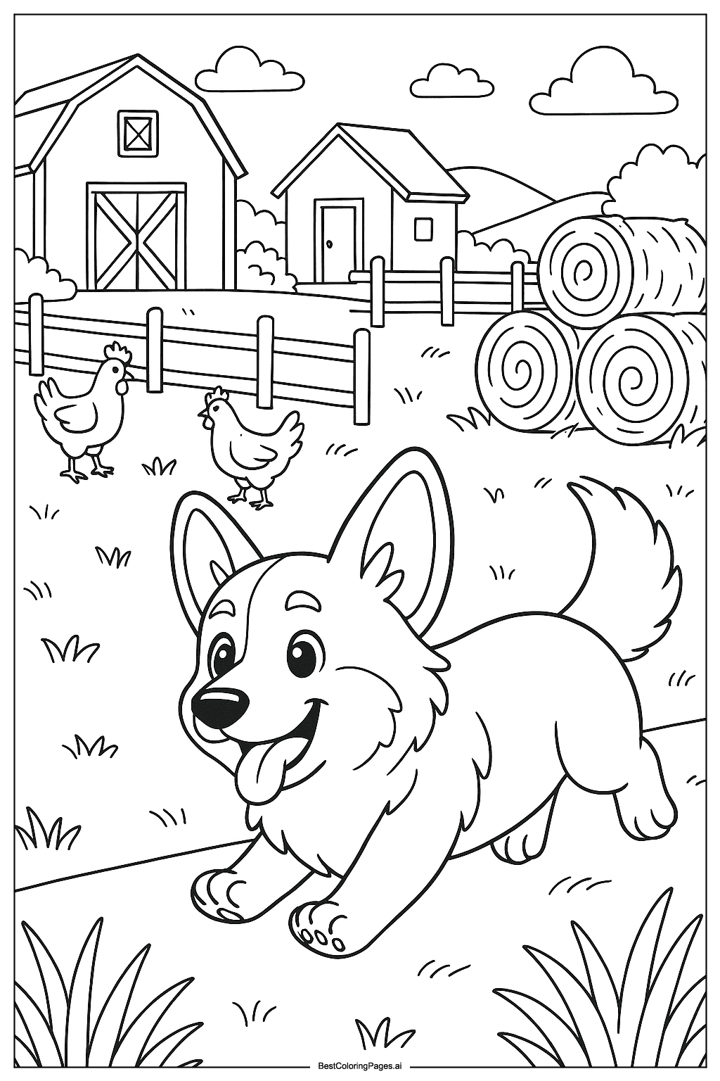 Dibujos de Un Corgi en la granja para Colorear