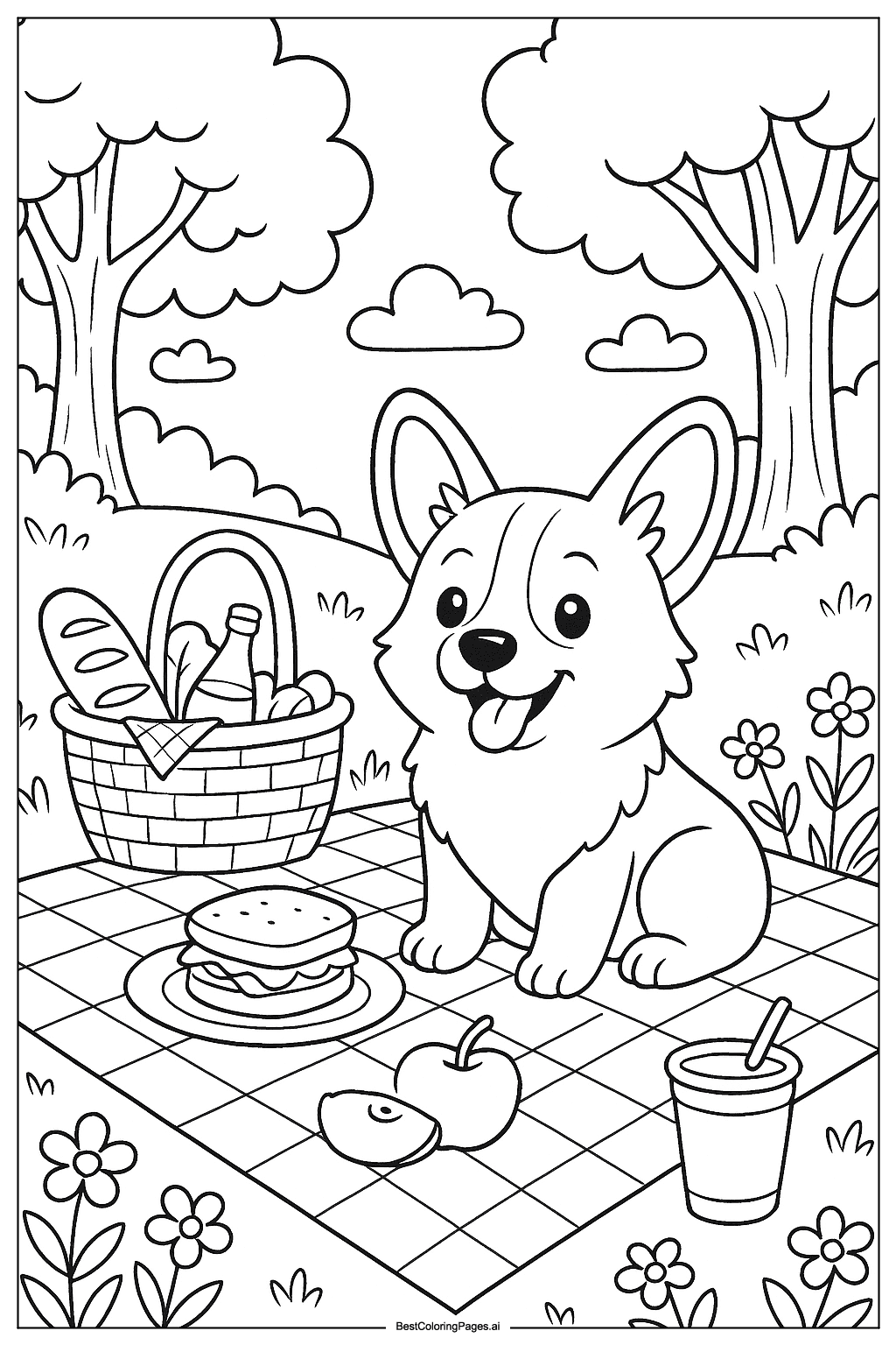 Corgi-Picknick im Park Ausmalbilder