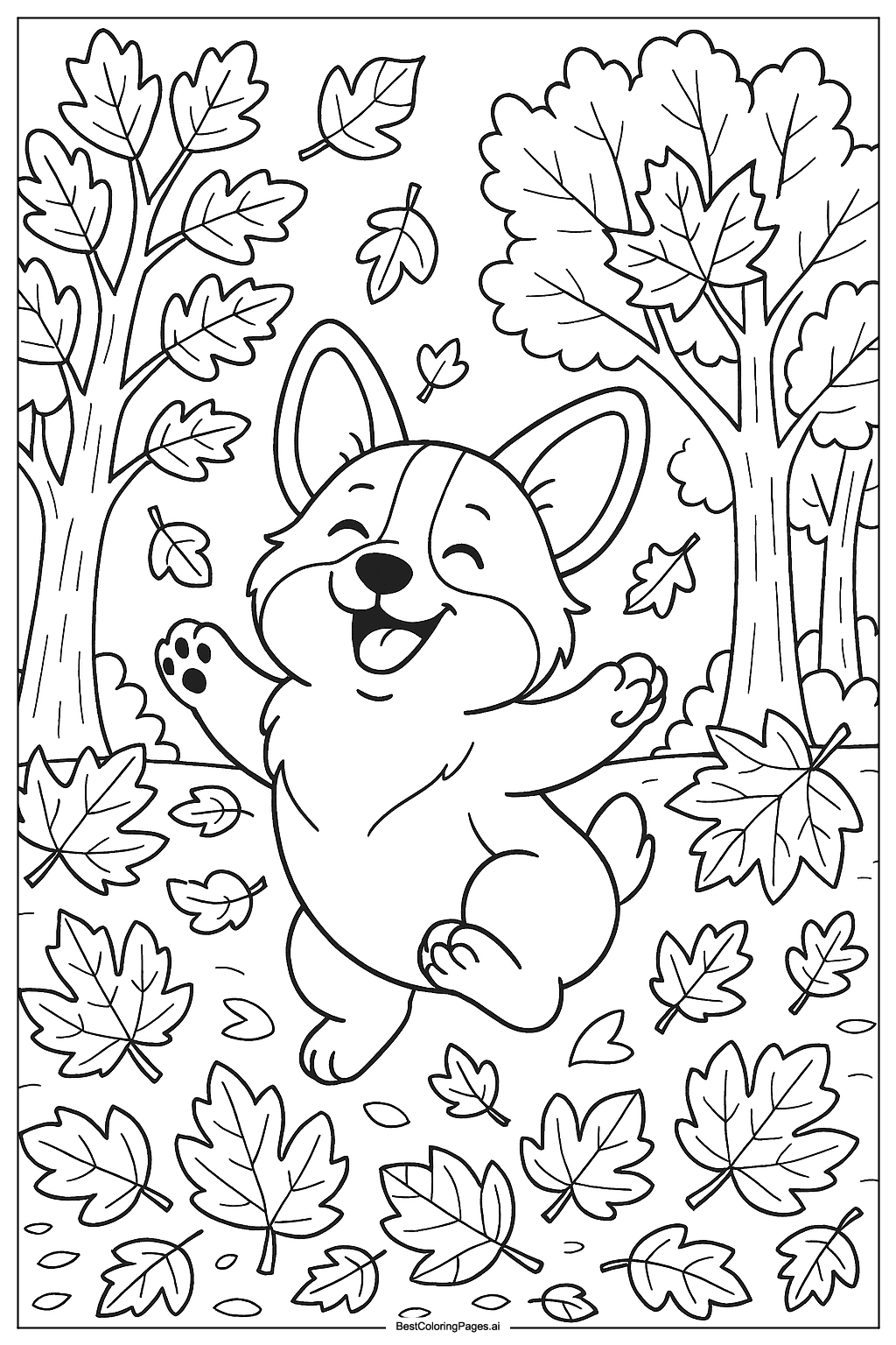 Corgi playing in autumn leaves