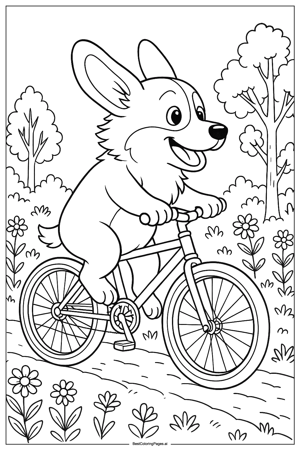 Corgi riding bicycle Coloring Page