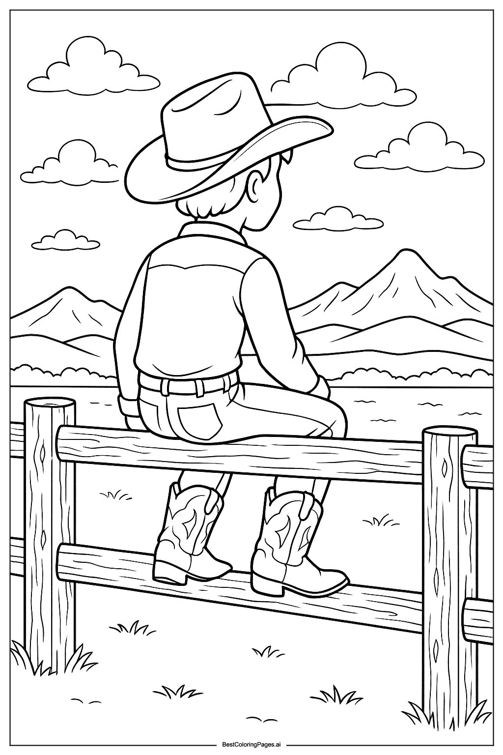 Cowboy at sunset Coloring Page
