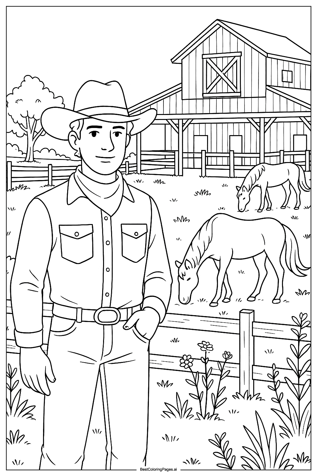 Cowboy at sunset ranch