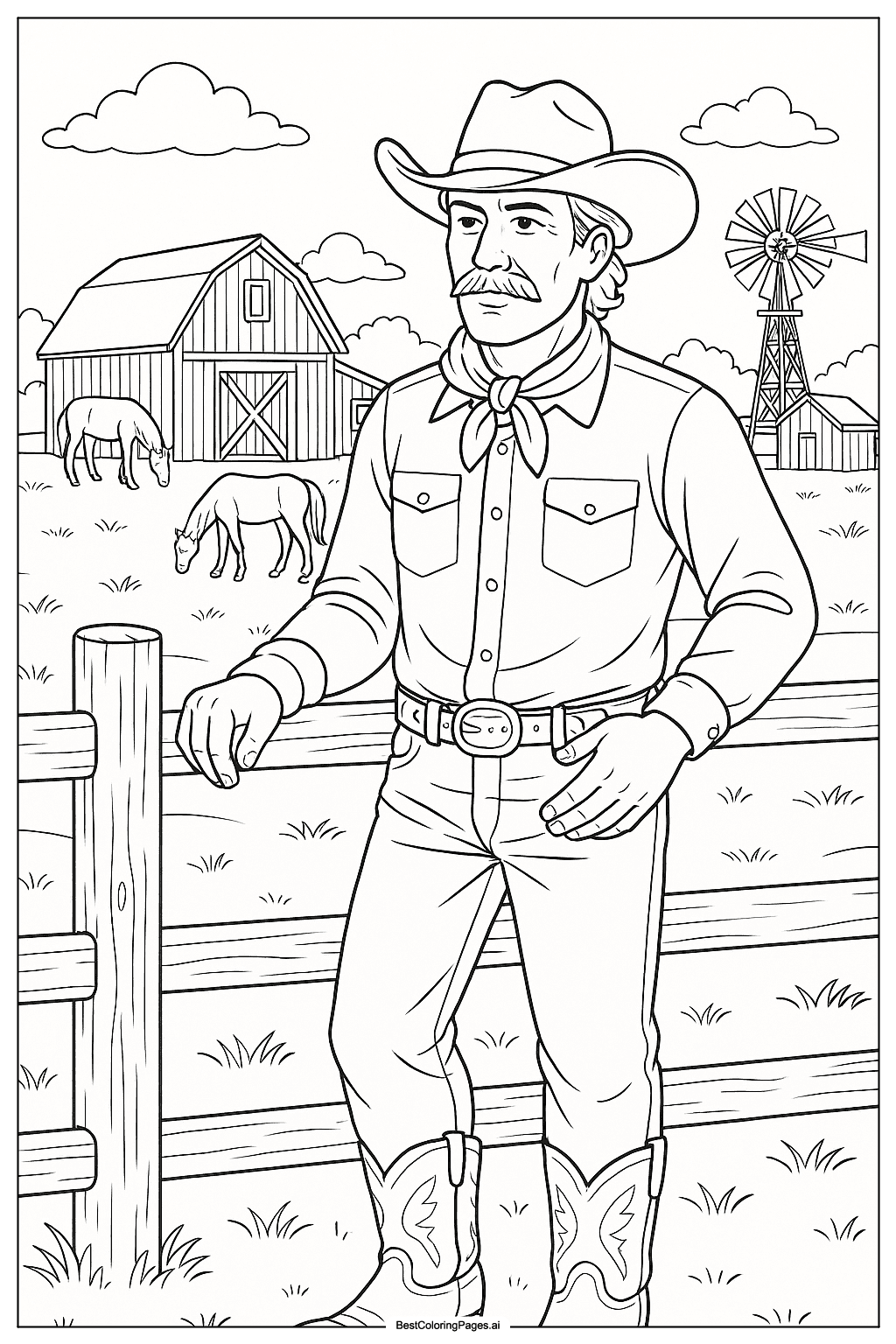 Cowboy at sunset ranch