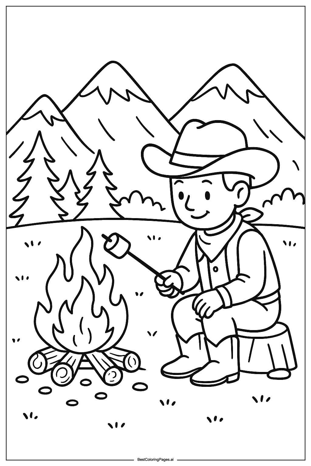 cowboy camping by campfire Coloring Page
