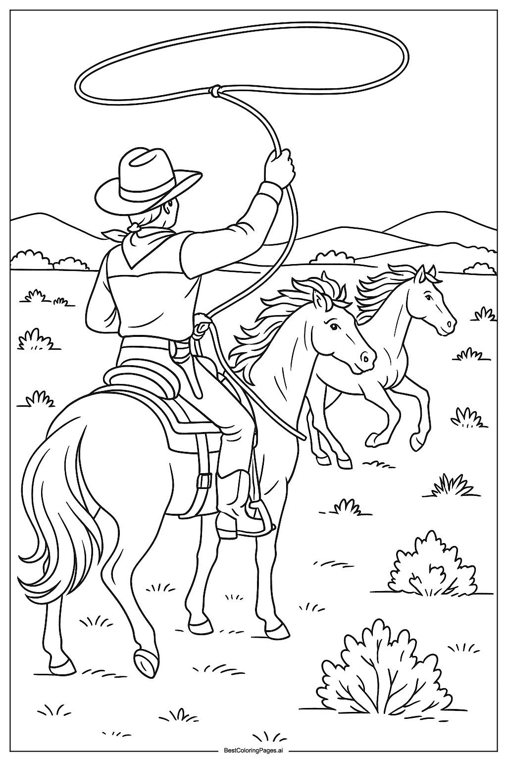 Cowboy capturing wild horses