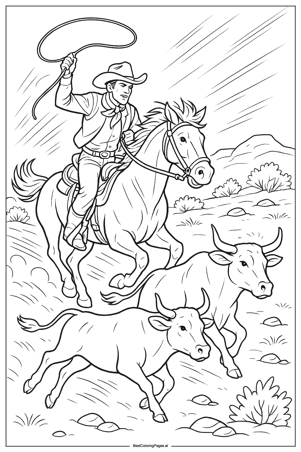Cowboy chasing cattle Coloring Page