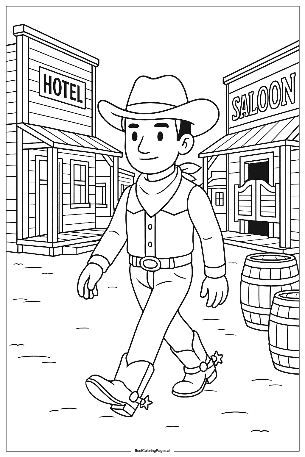 Cowboy in town Coloring Page