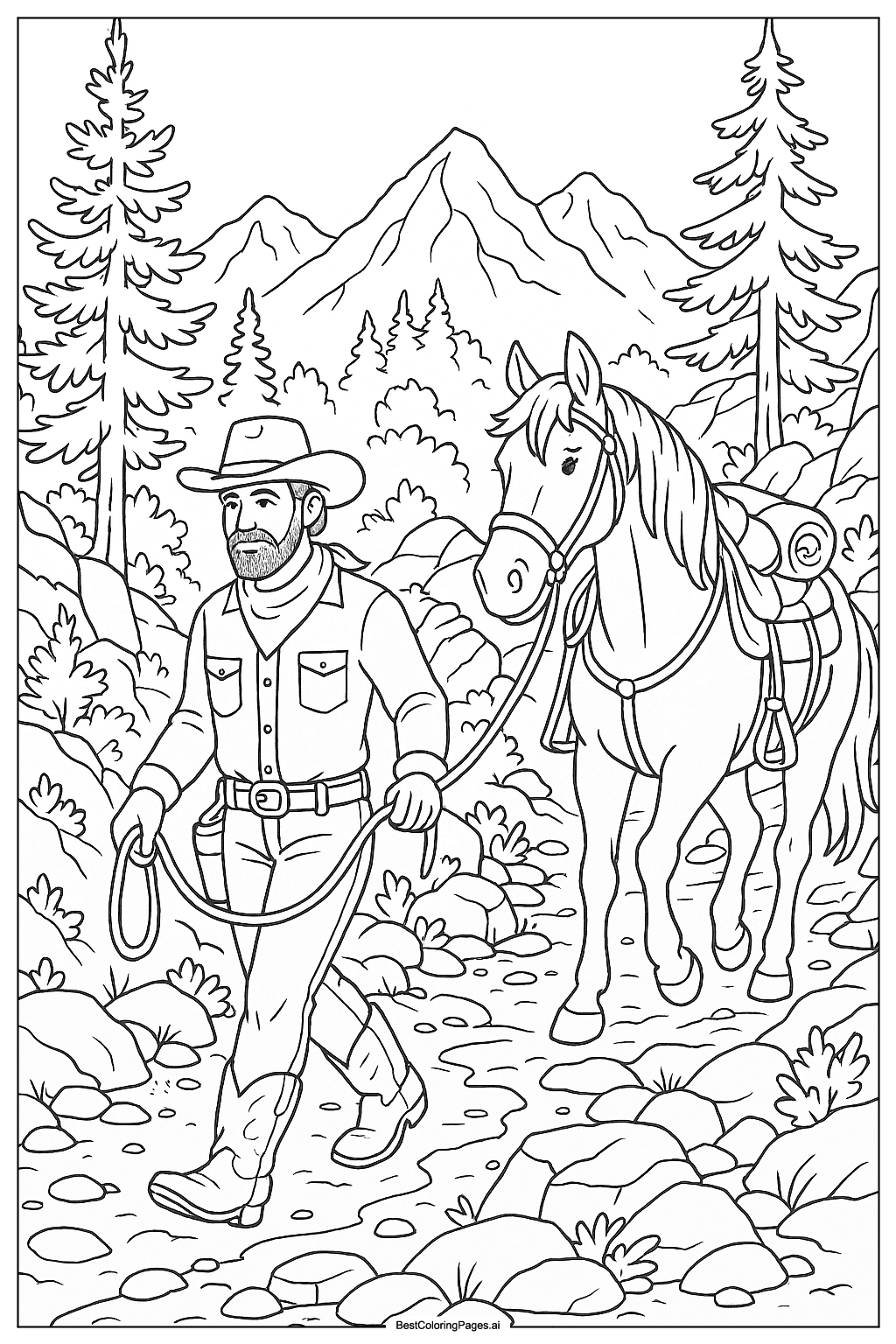 Cowboy mountain trail Coloring Page