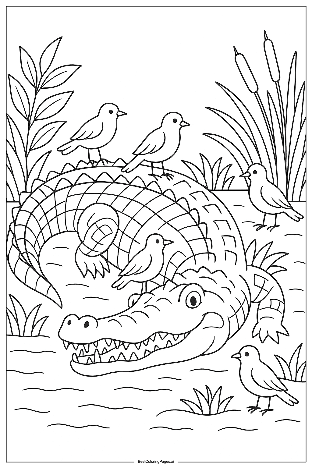 Crocodile and birds Coloring Page