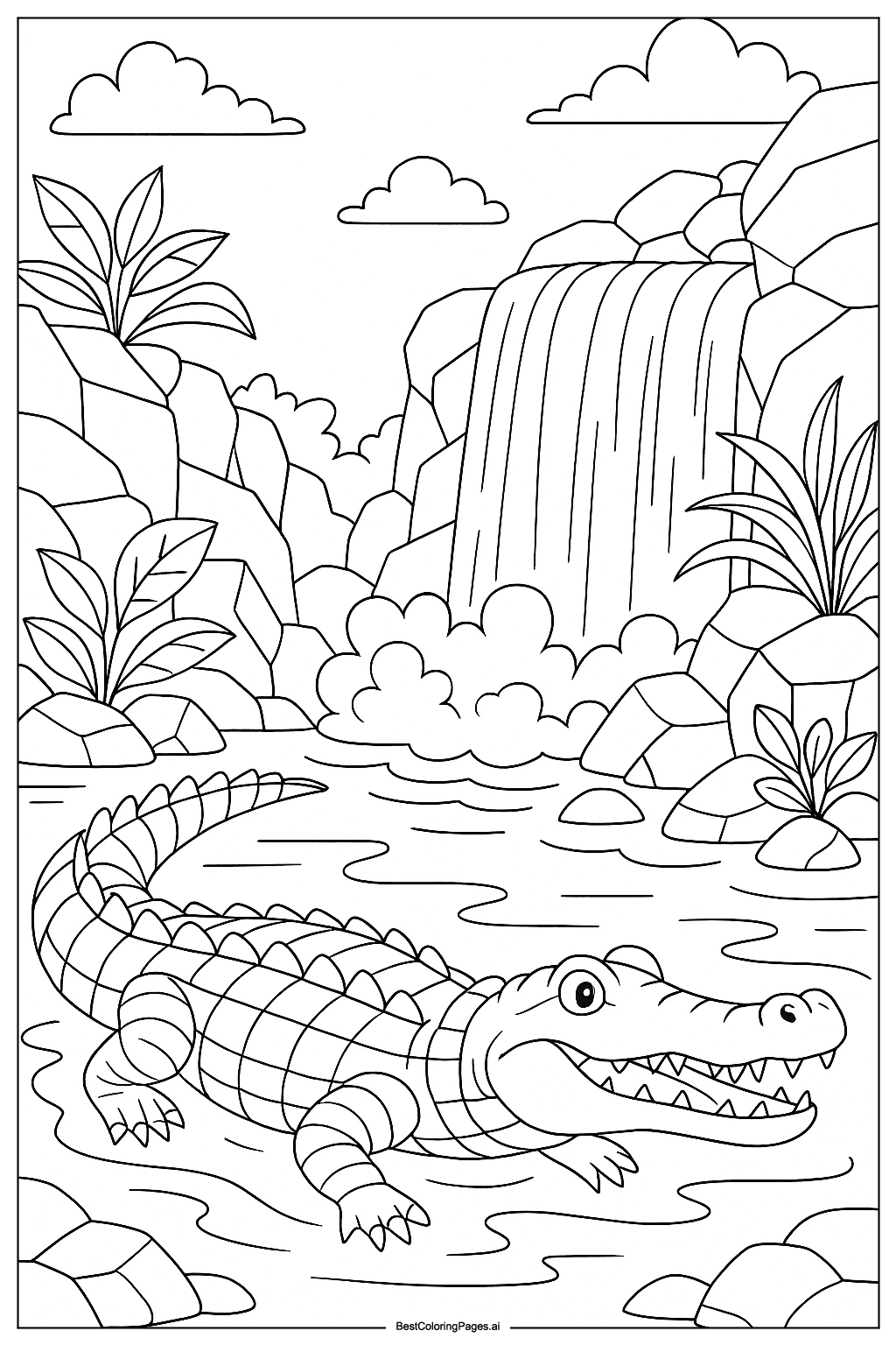 Crocodile at waterfall