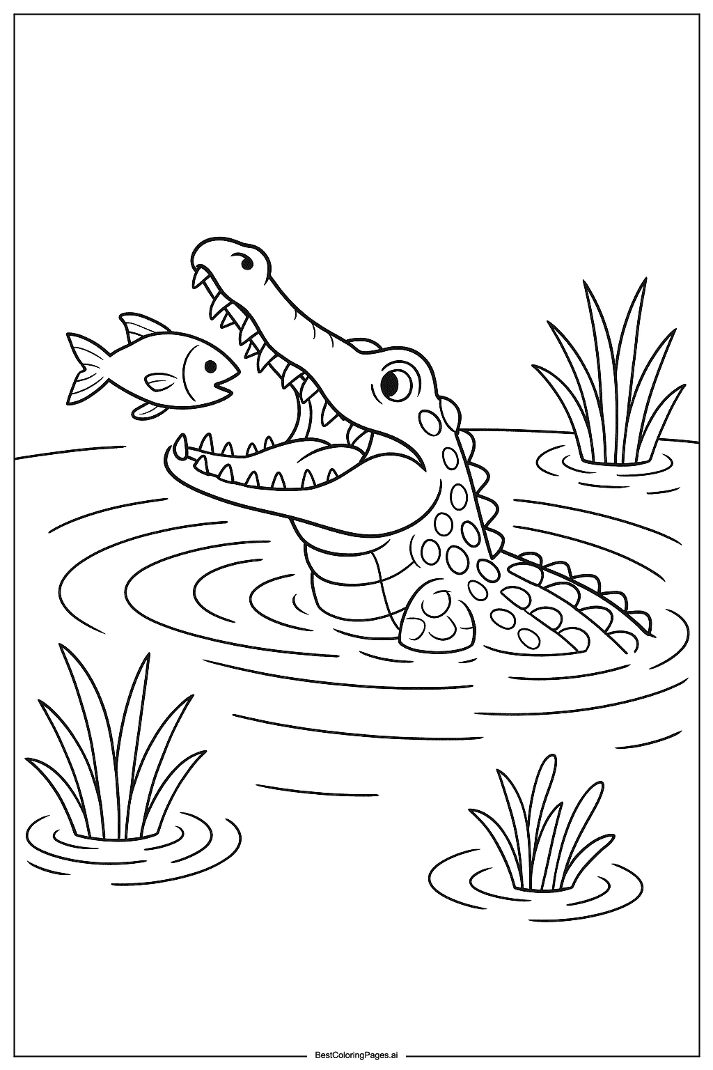 Crocodile catching fish Coloring Page
