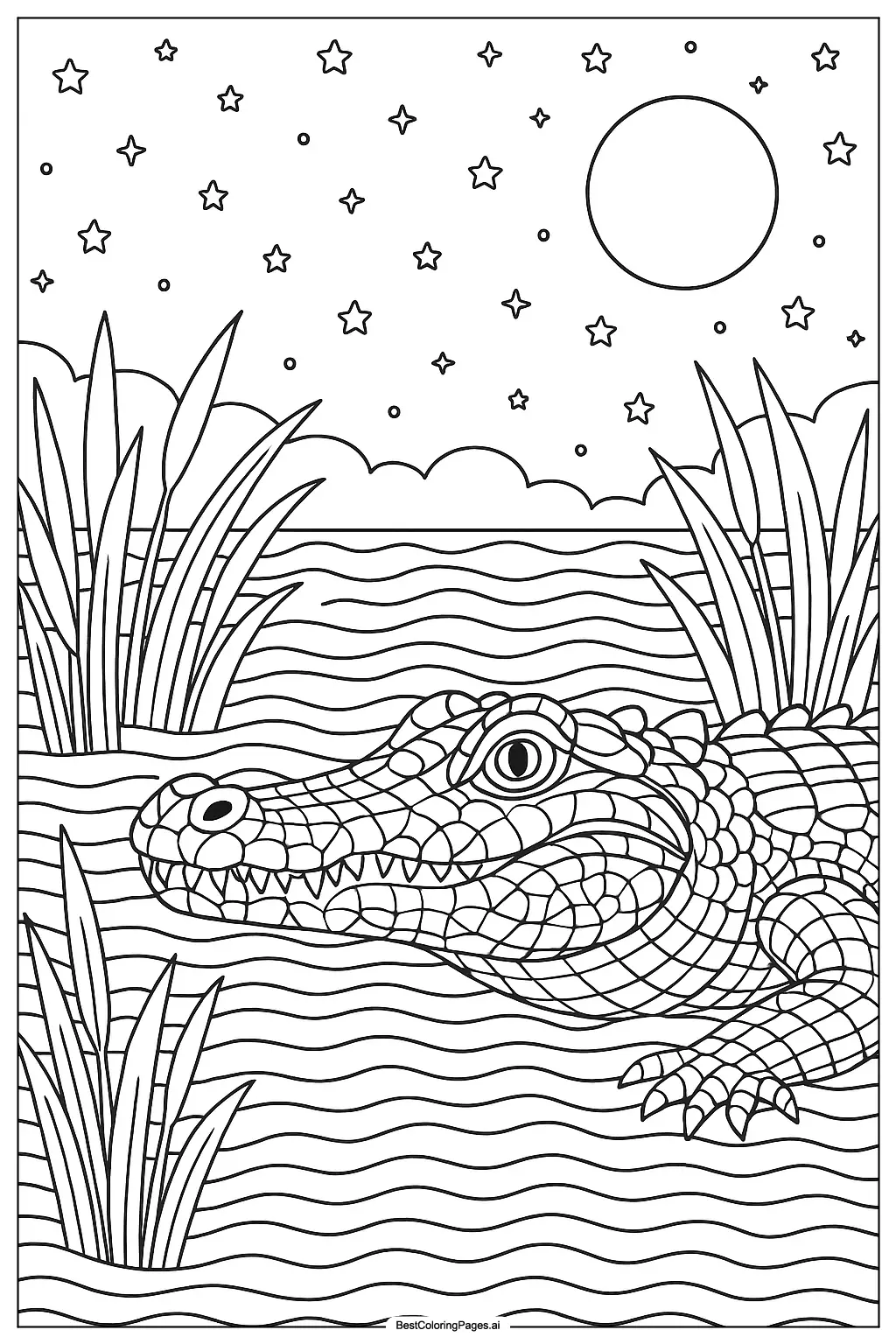 Crocodile hunting at night Coloring Page