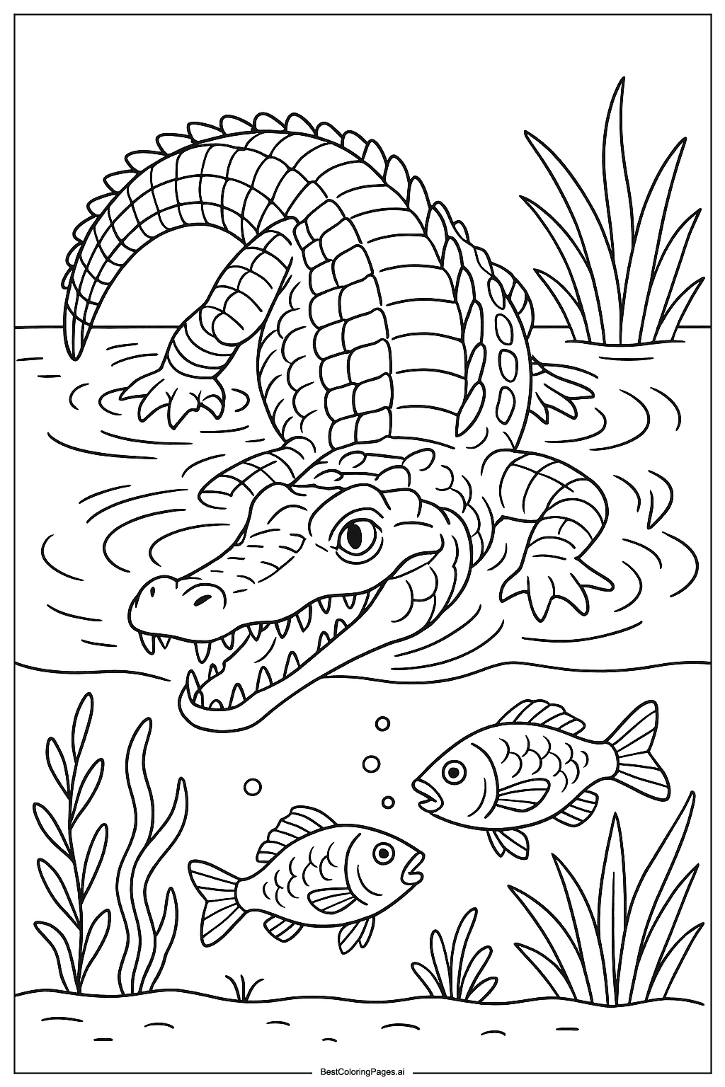 Crocodile hunting in water Coloring Page