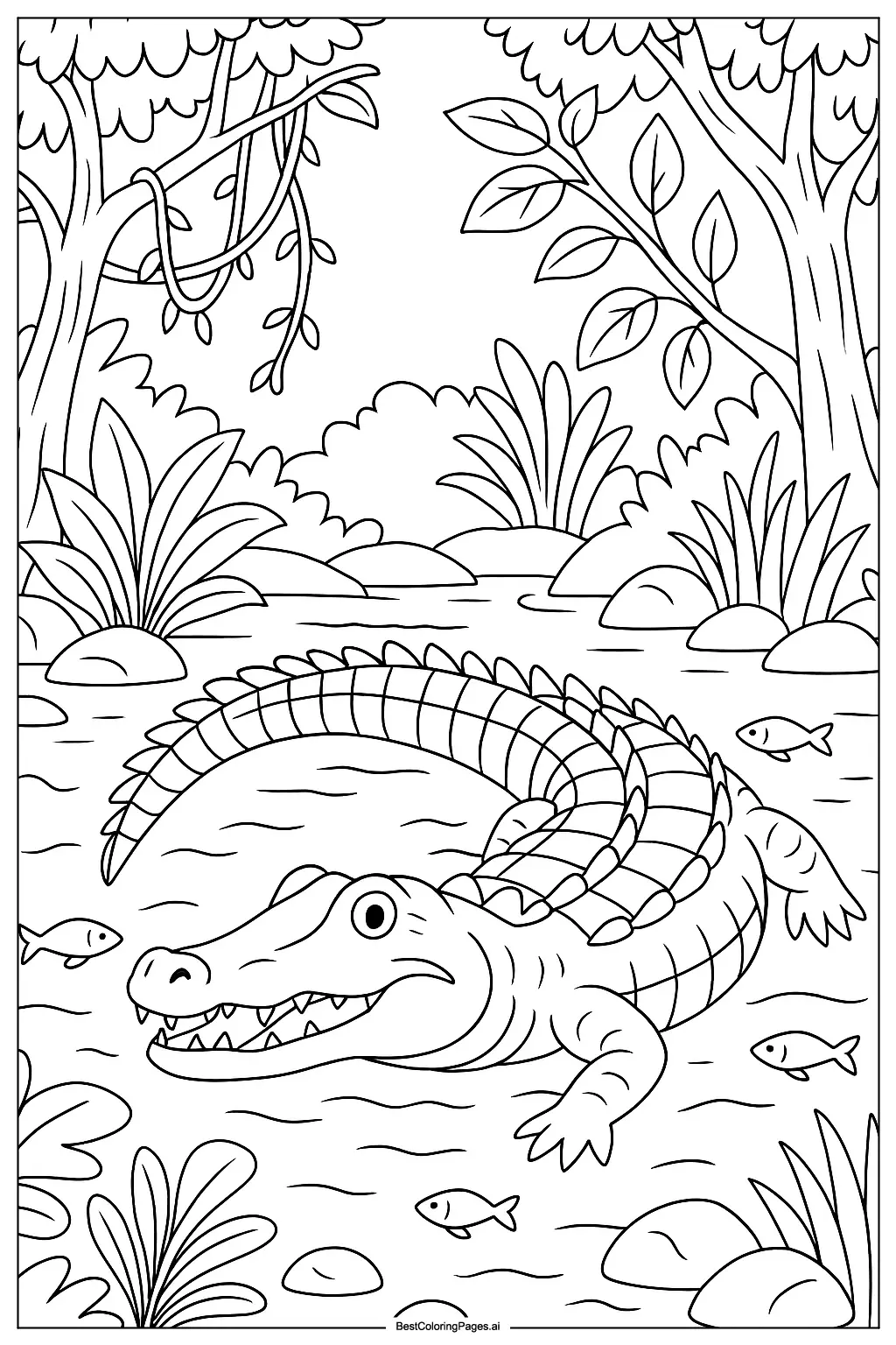Crocodile in jungle river Coloring Page