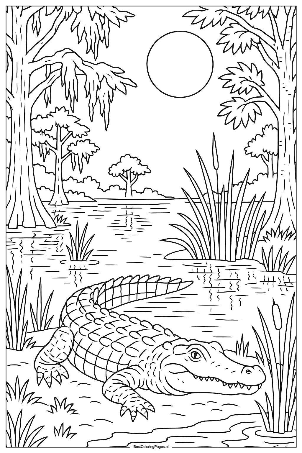 crocodile in moonlit swamp Coloring Page