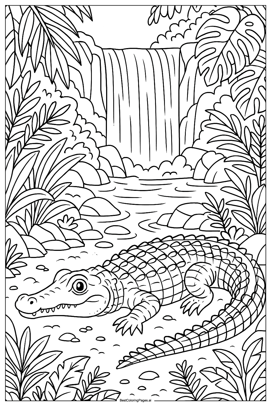 Crocodile in rainforest waterfall