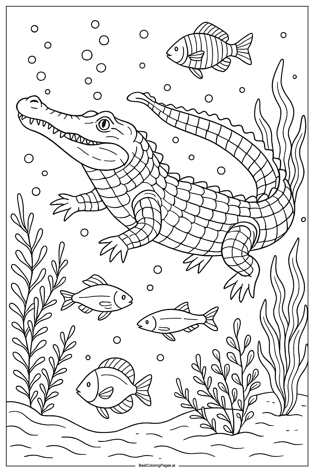 Crocodile swimming with fish Coloring Page