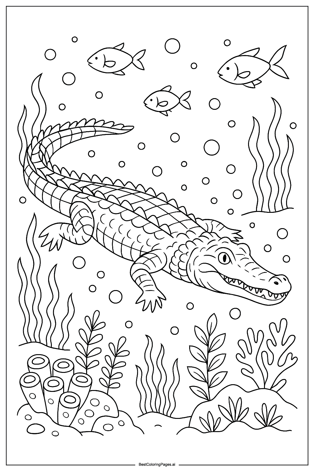 Crocodile underwater adventure Coloring Page