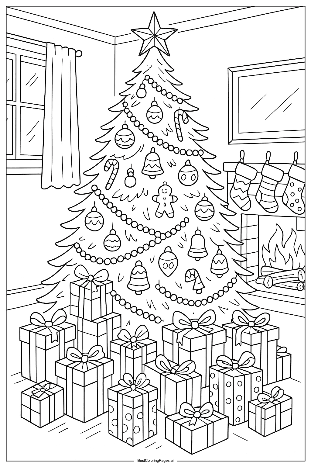 Decorated Christmas tree in living room Coloring Page