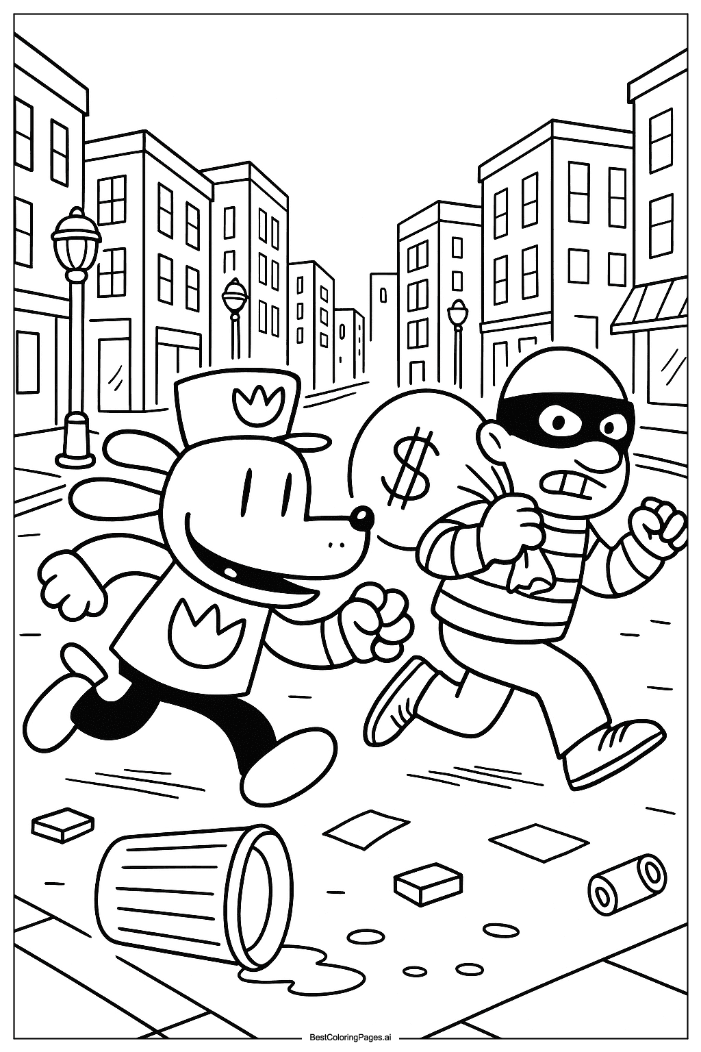 Dog Man chasing a thief Coloring Page