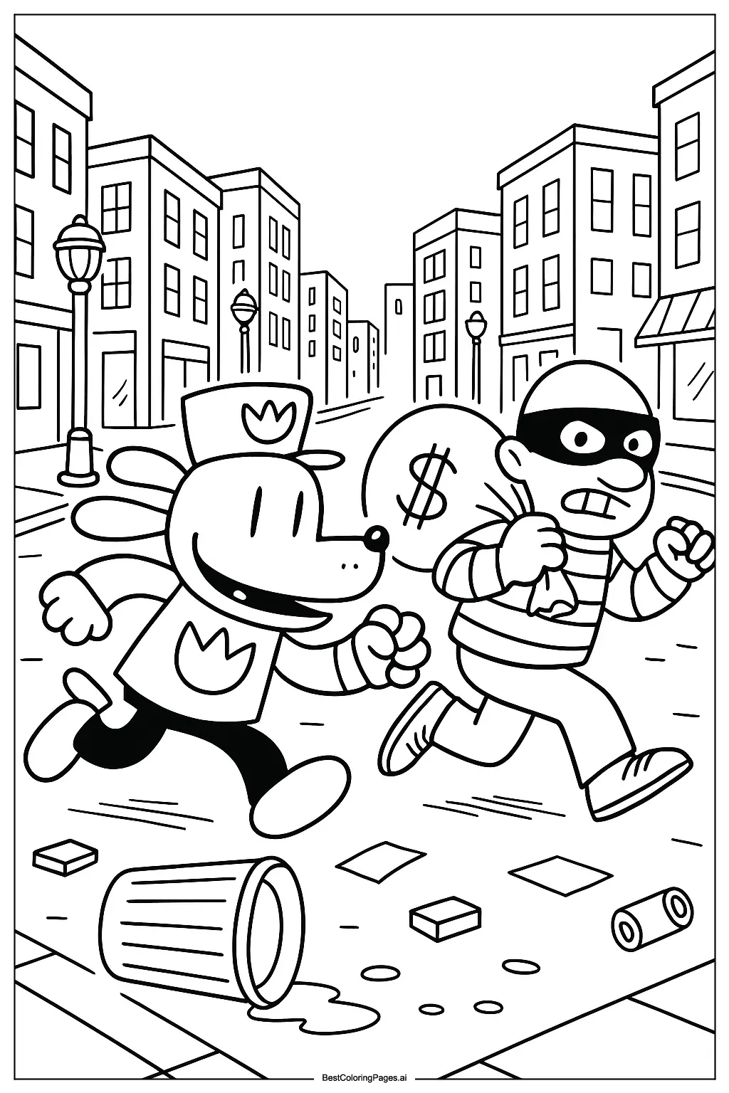 Dog Man chasing a thief Coloring Page