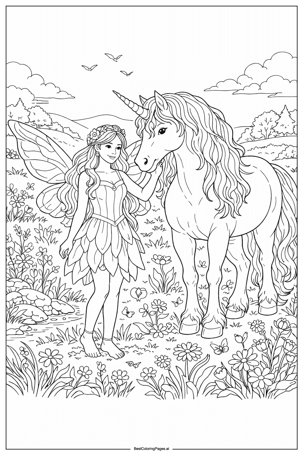 Fairy and unicorn in magical meadow