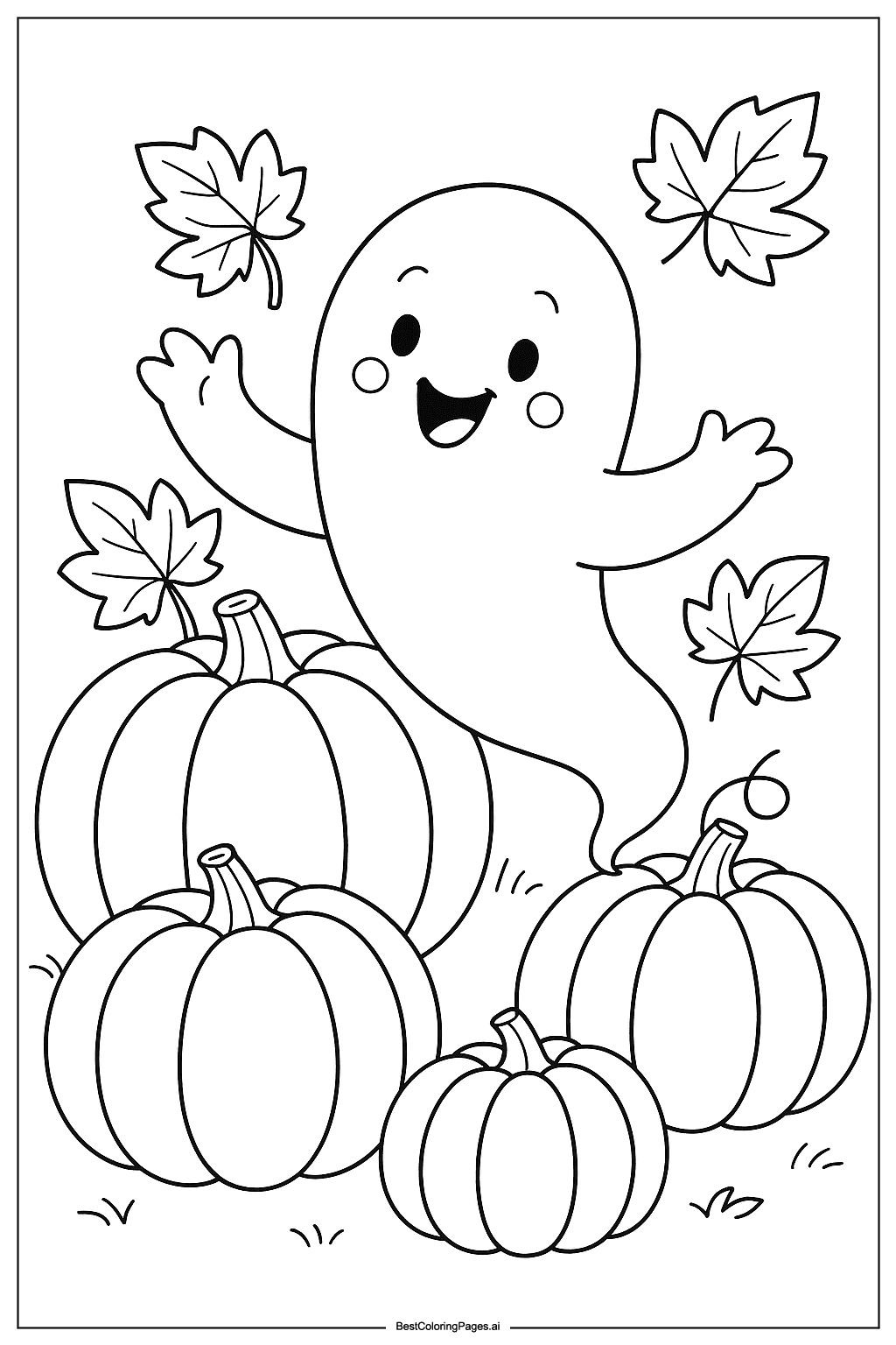 Ghost playing in pumpkin field Coloring Page