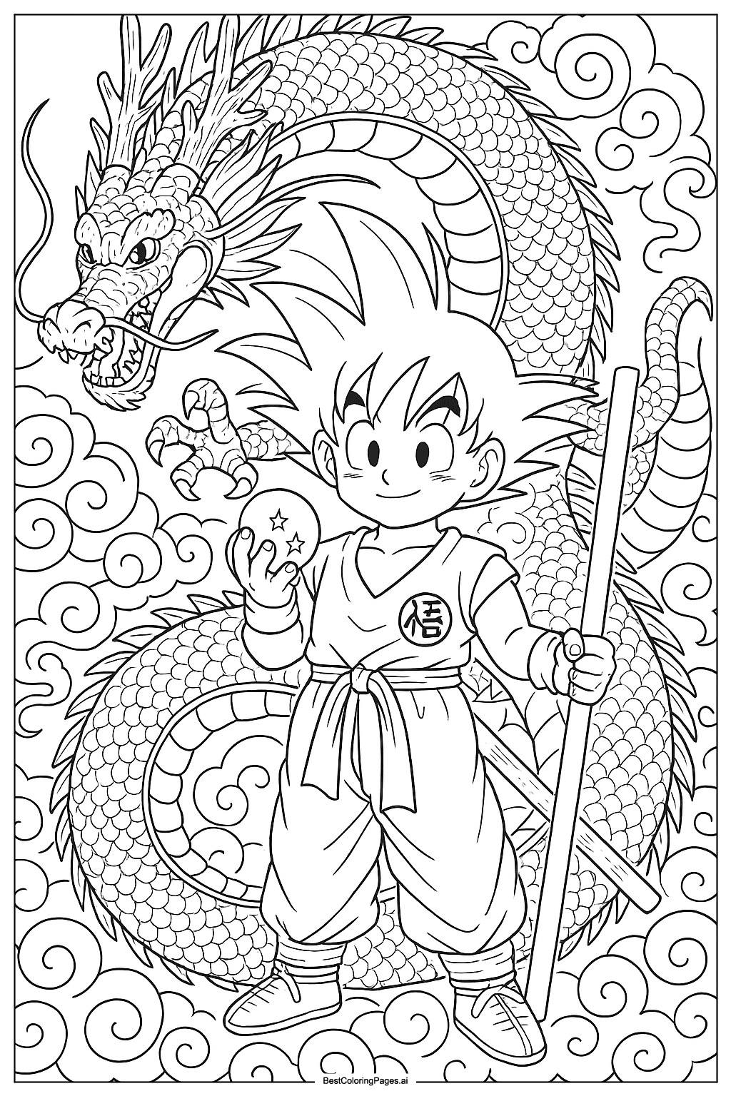 Goku with Dragon Shenron Coloring Page