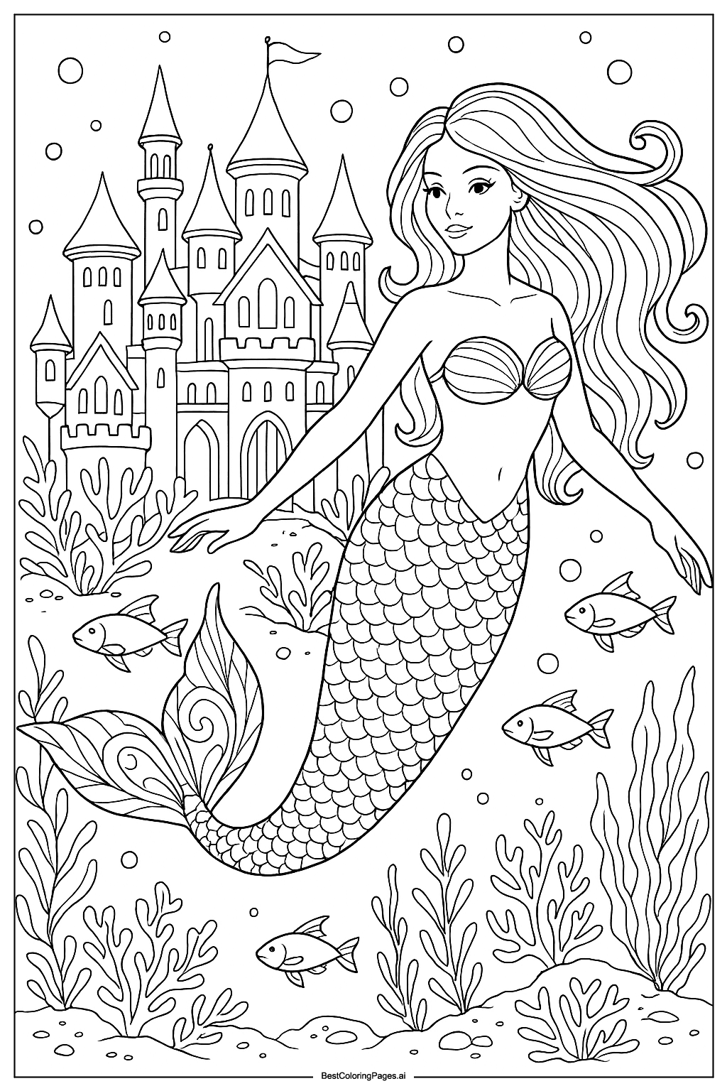 Dibujos de Sirena en su castillo submarino para Colorear