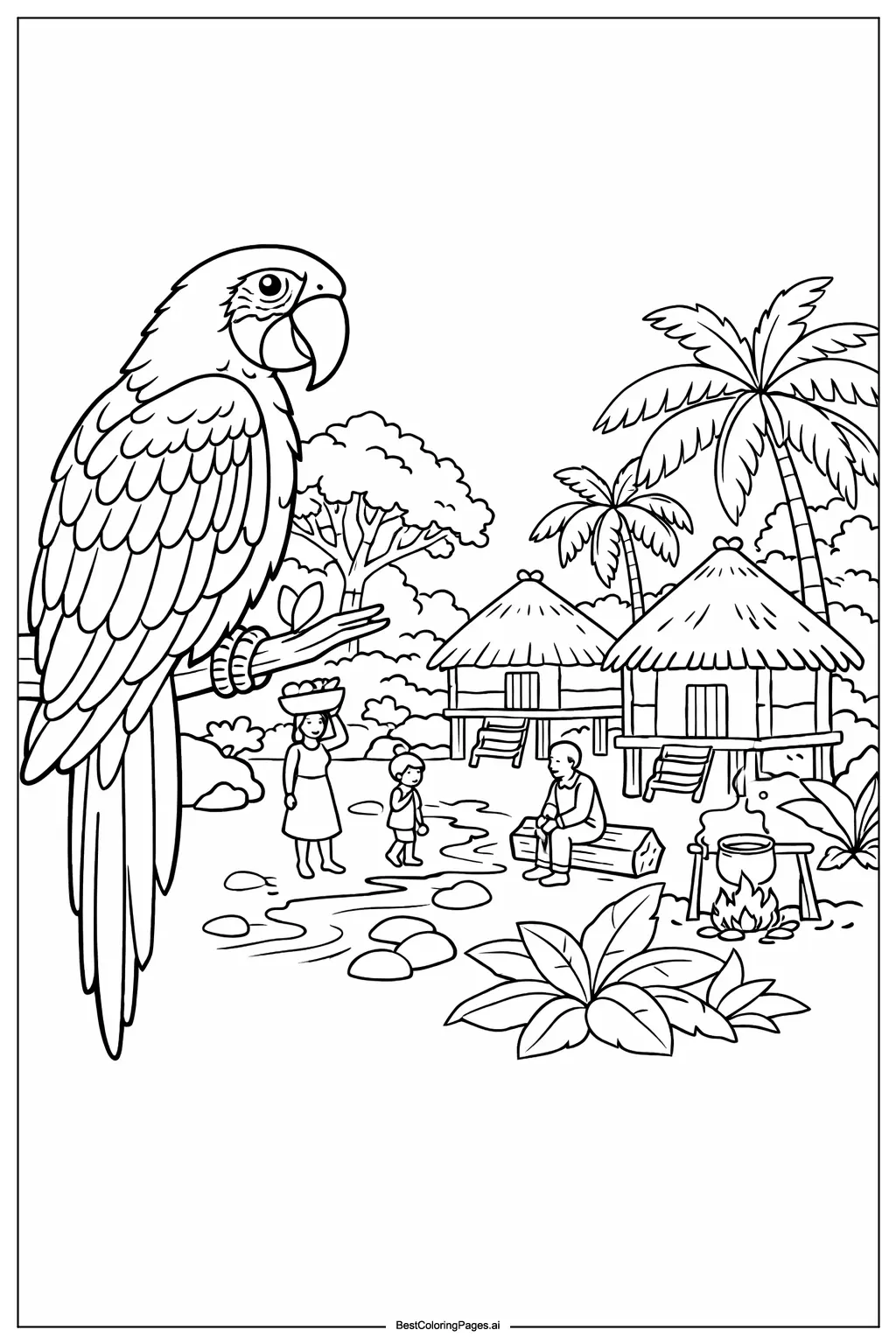 ภาพระบายสี นกแก้วตัวใหญ่ในหมู่บ้านกลางป่า