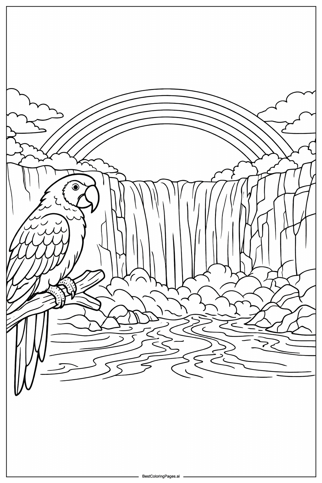 Papagei mit Wasserfall und Regenbogen Ausmalbilder