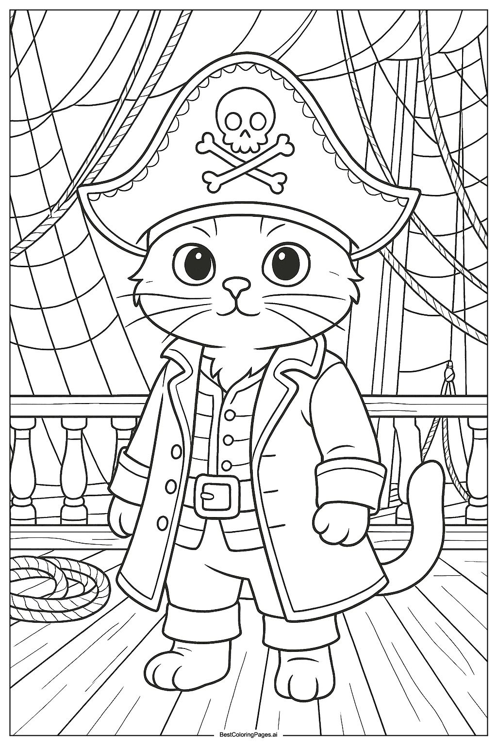 Pirate cat on ship Coloring Page