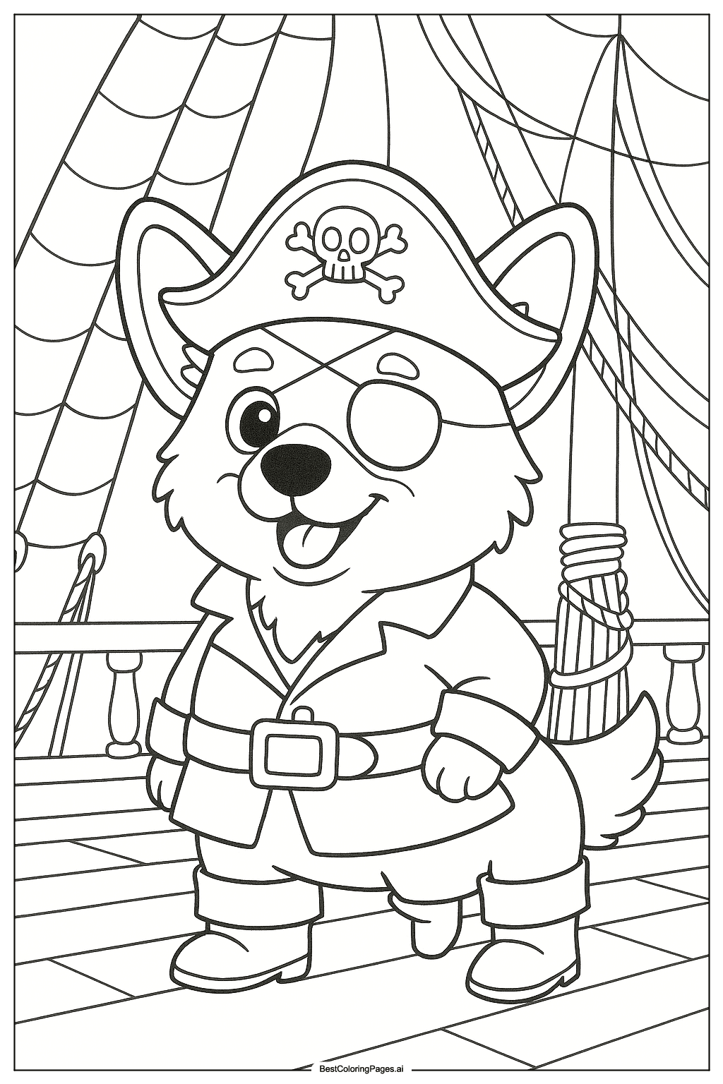 Pirate corgi on ship Coloring Page