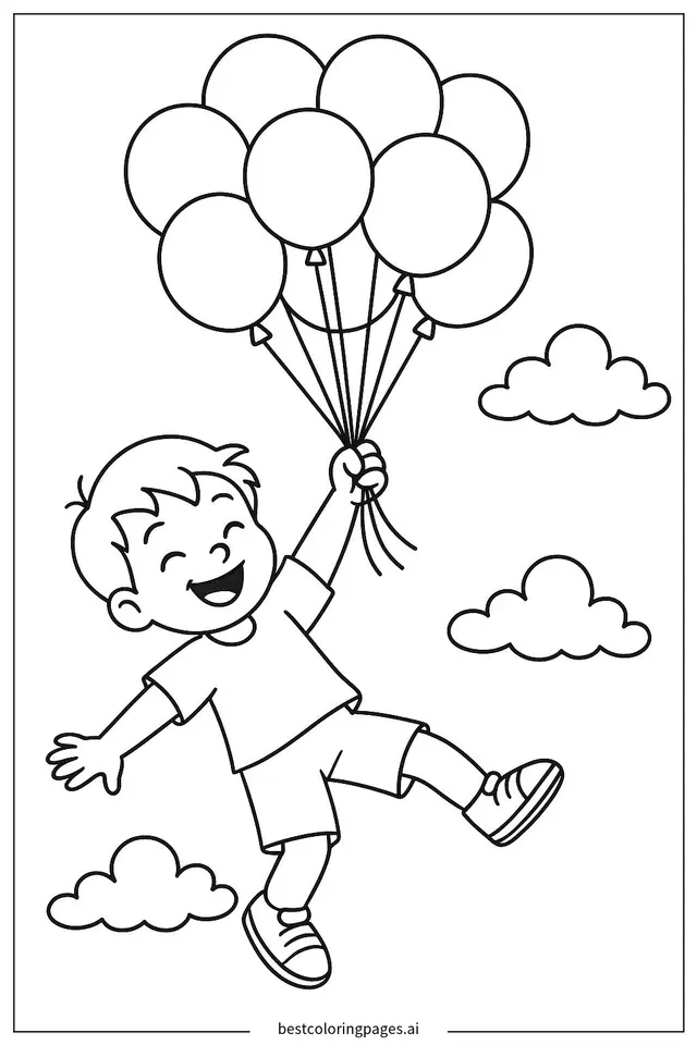 Happy boy flying with a lot of balloons