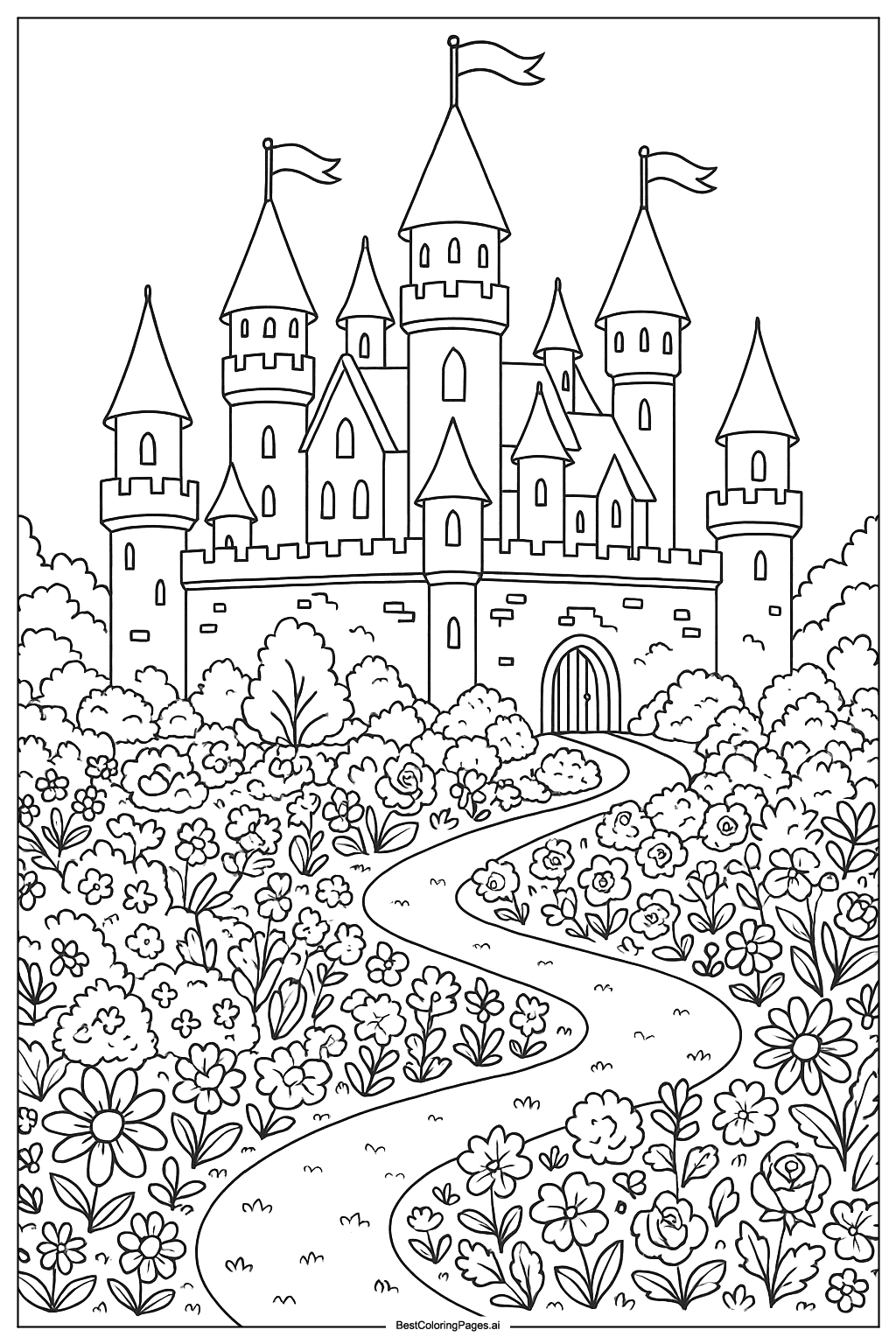 Royal castle with garden Coloring Page