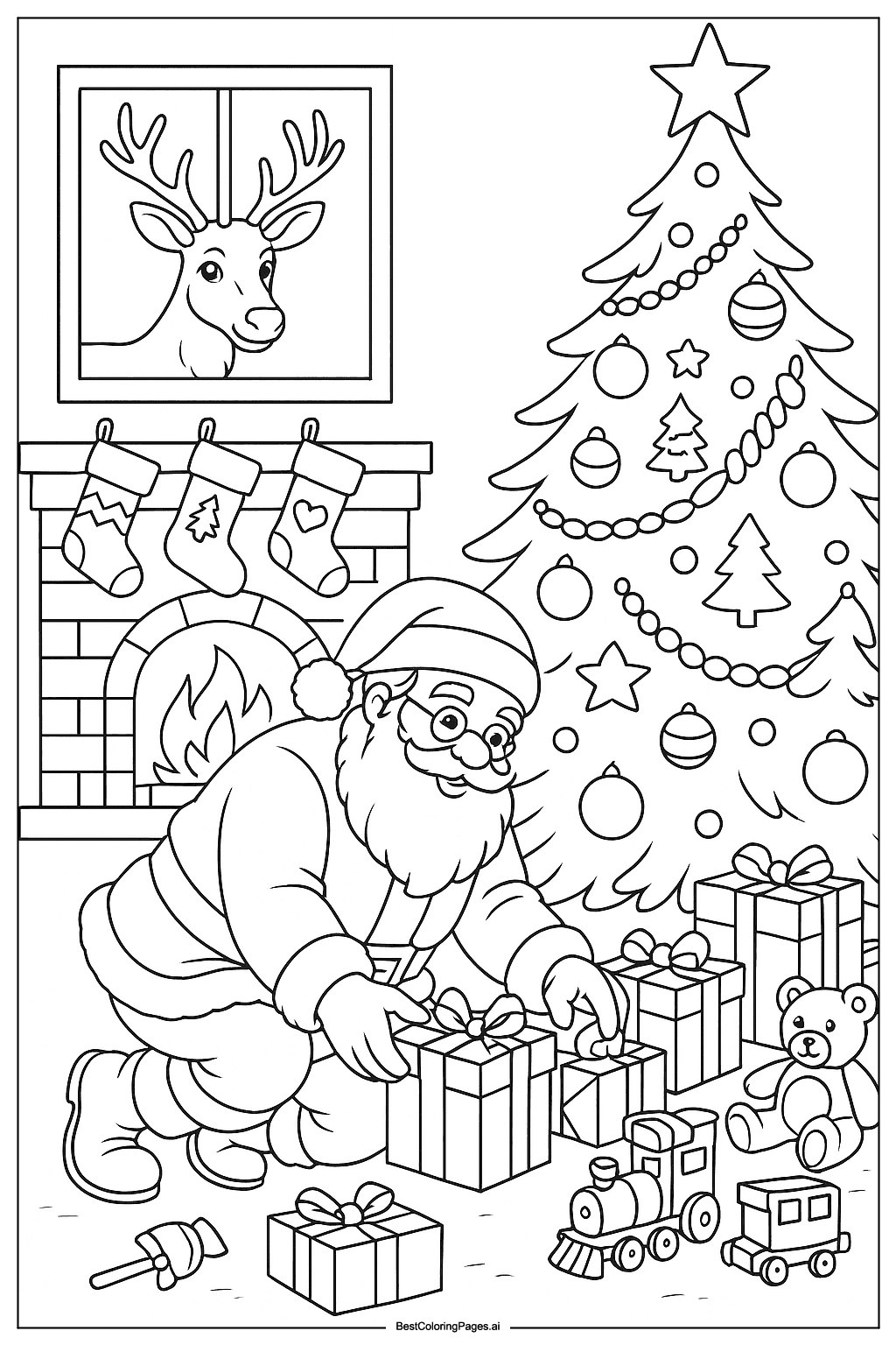 Santa placing gifts under Christmas tree Coloring Page