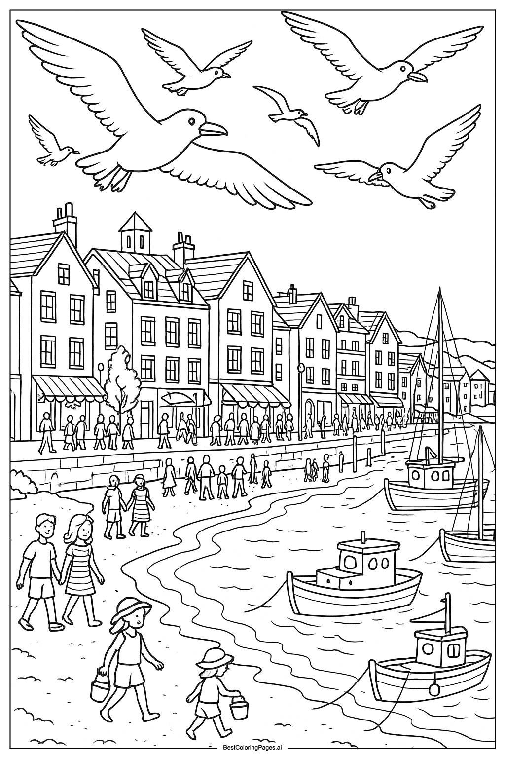 Seagulls over beach town