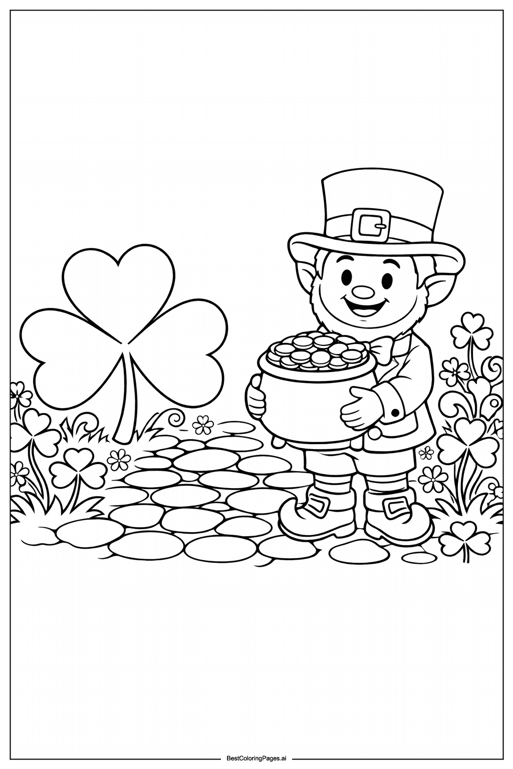 Shamrock with leprechaun and pot of gold Coloring Page