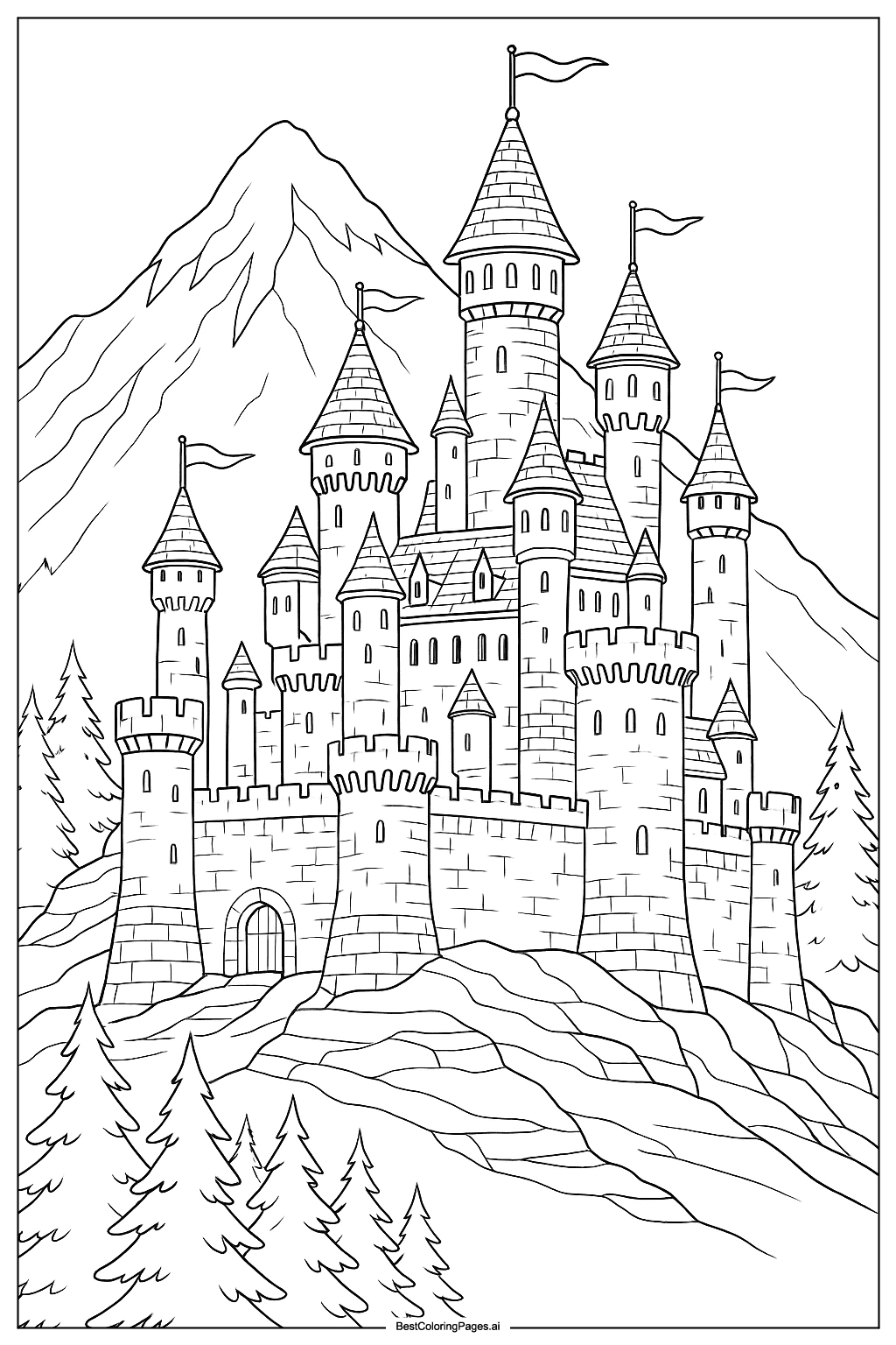 Snowy mountain castle Coloring Page
