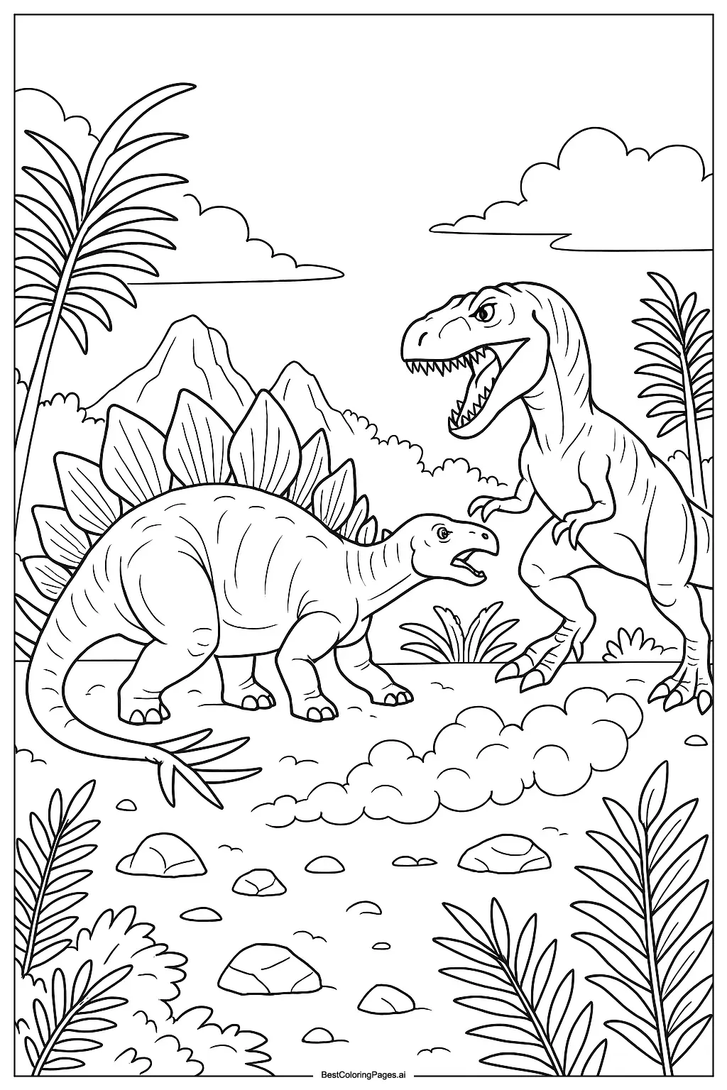 Stegosaurus fighting predator