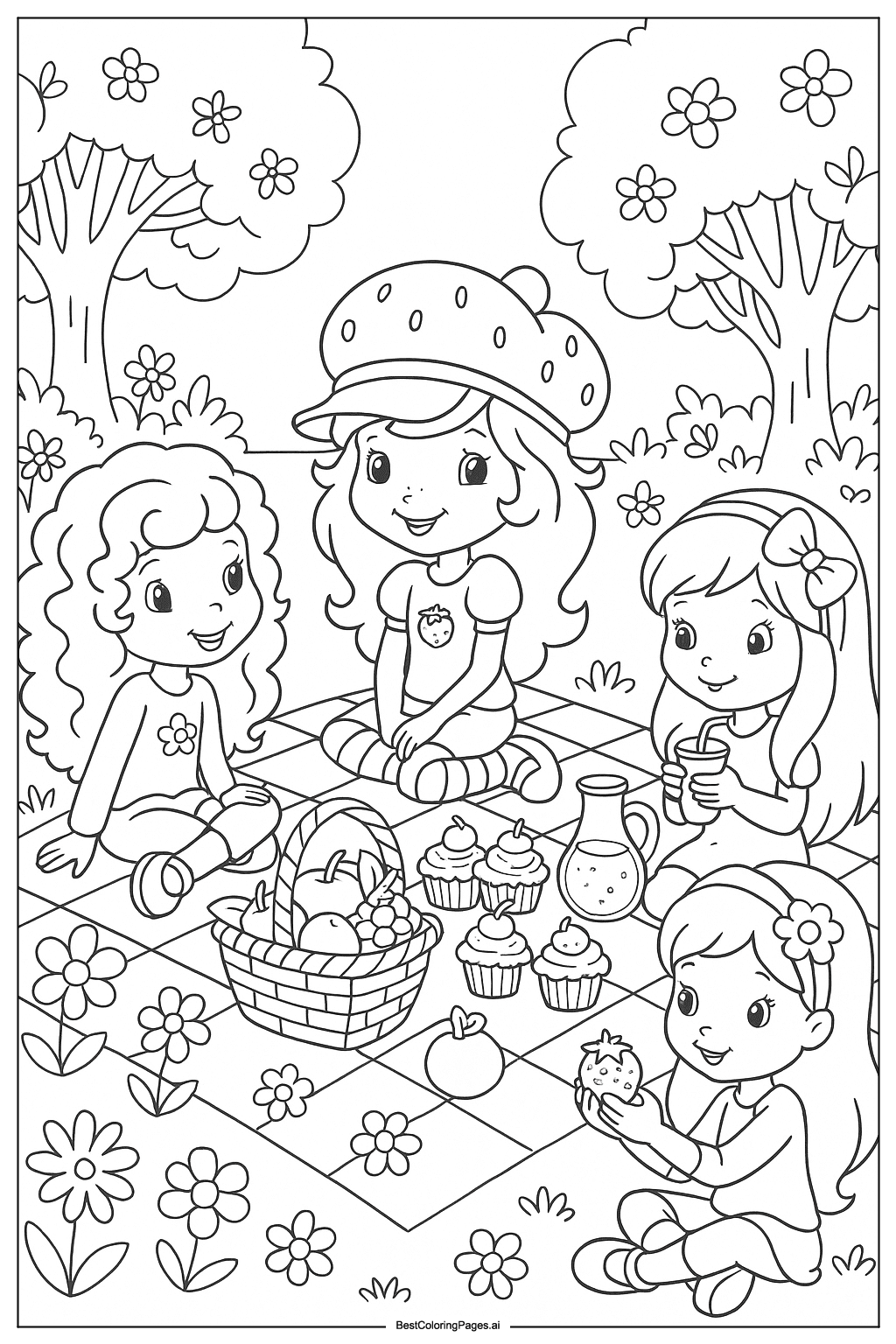 ภาพระบายสี สตรอว์เบอร์รี่ ชอร์ทเค้ก ปิกนิกในสวน